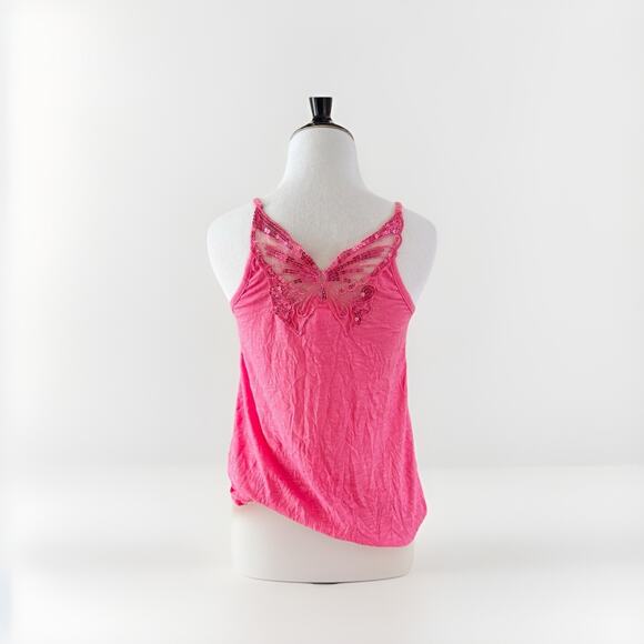 Vintage Y2K Pink Satin Butterfly Tank Top Size M Embroidered Sequined Camisole - Picture 1 of 12